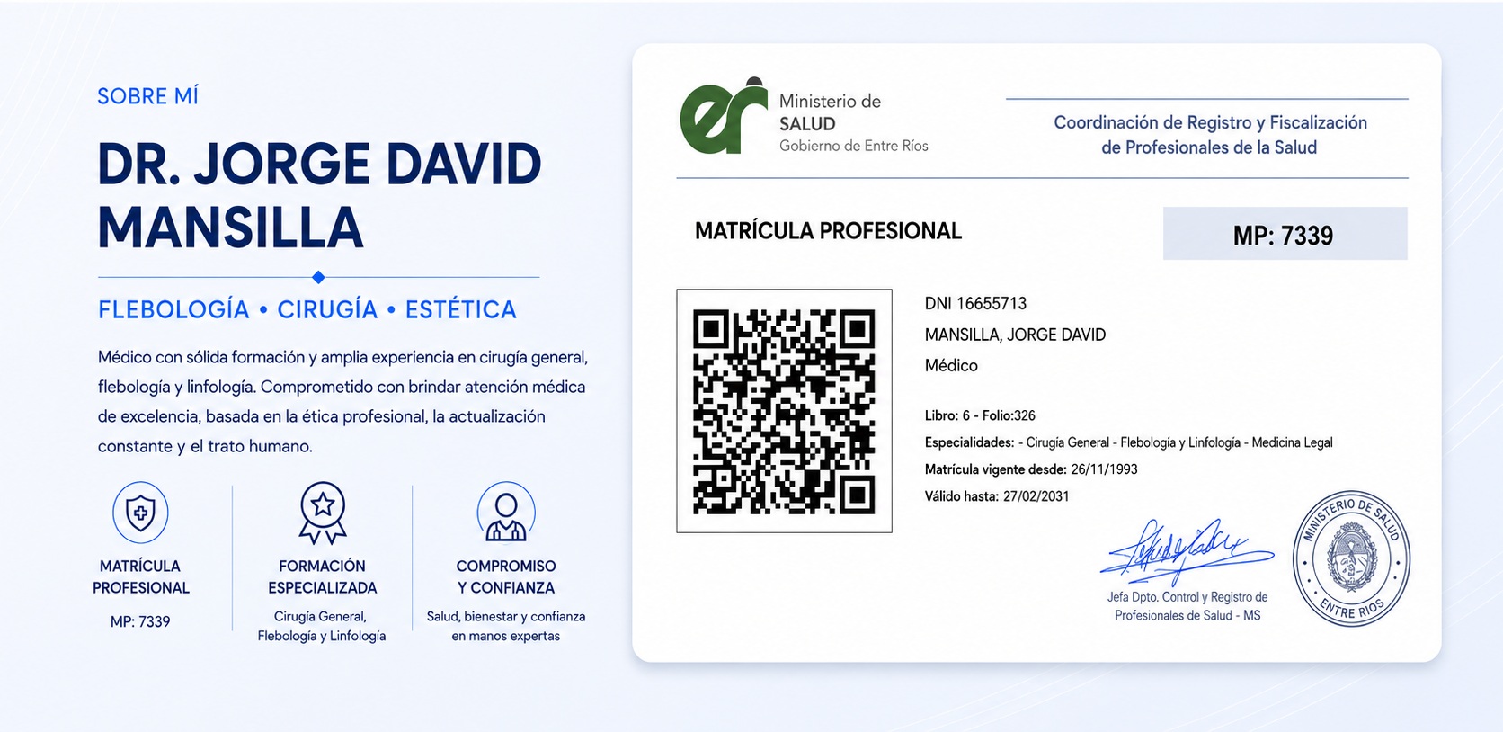 Sobre mí - Dr. Jorge David Mansilla, matrícula profesional MP 7339